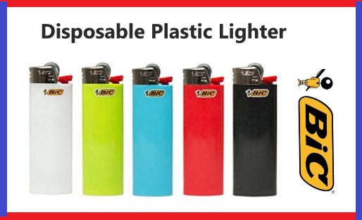 Five different colors disposable plastic lighters from Bic company