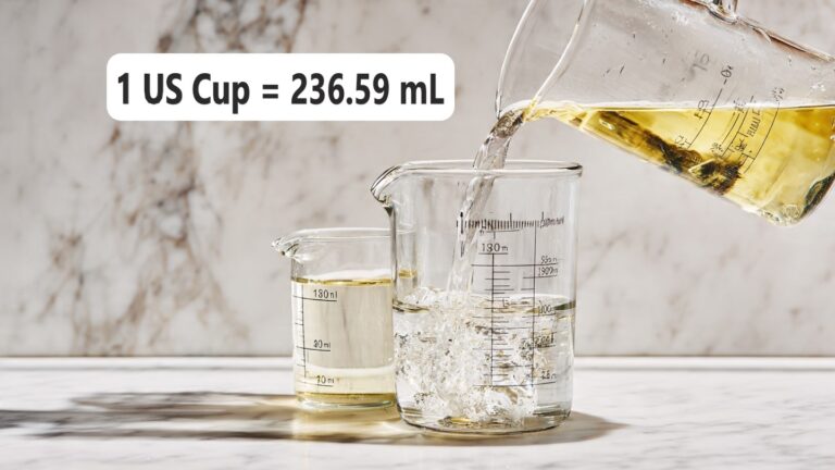US Cups to mL Converter - 1 US Cup equals 236.59 mL with measuring pitcher pouring into glass beaker